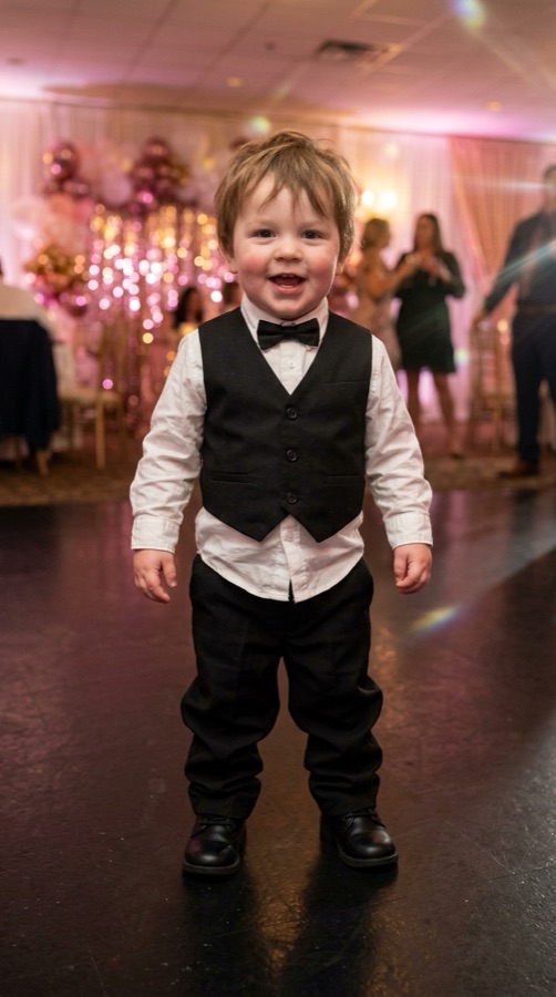 Before: a photo of a toddler in a vest and bow tie